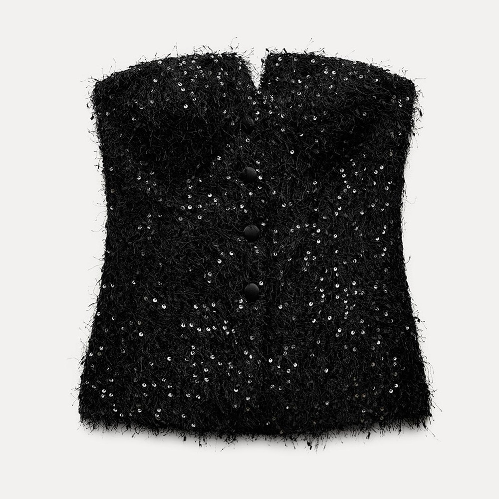 ZARA Strapless Black Fringe And Sequin Black Bustier Top 9776/629/800